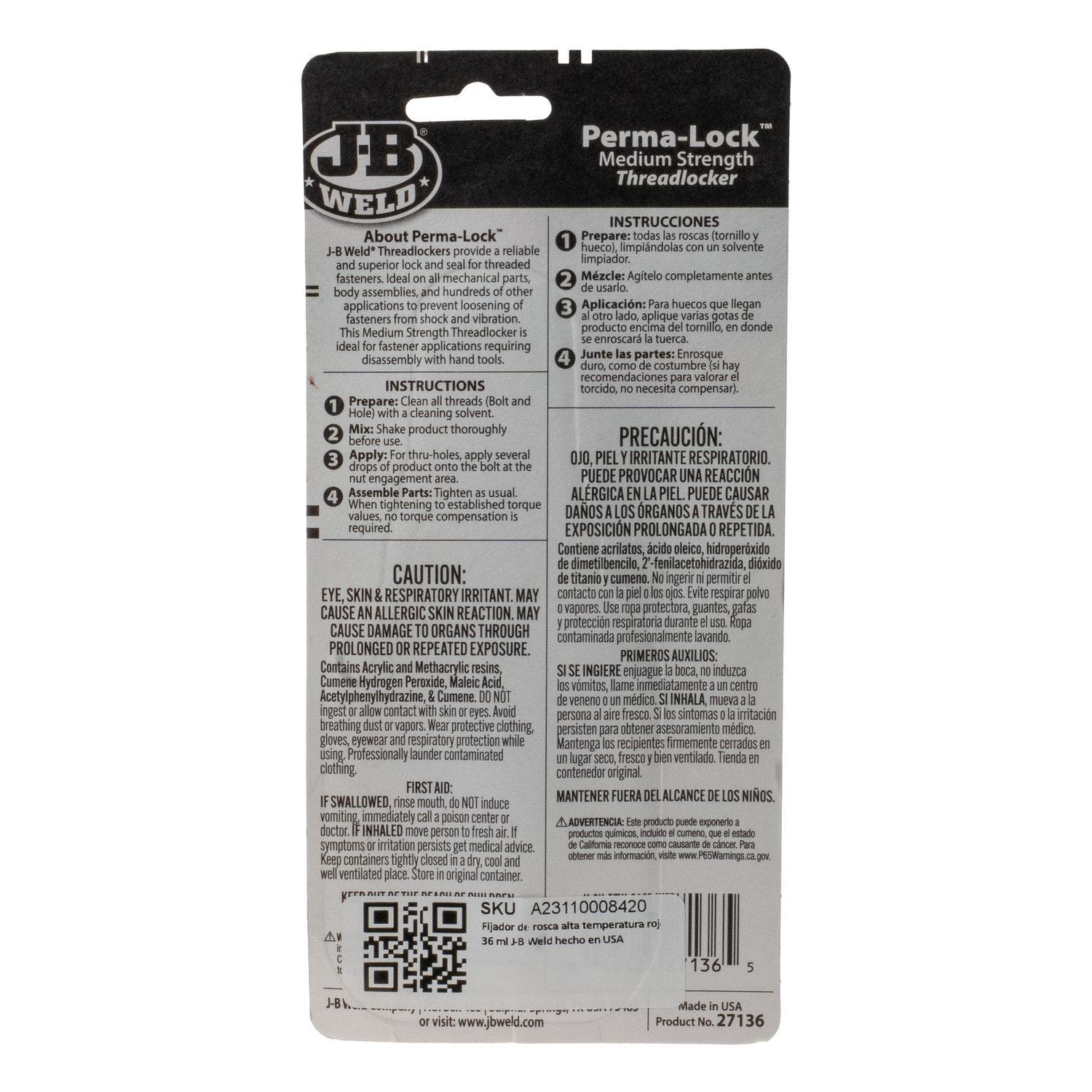 Fijador de rosca alta temperatura rojo 36 ml J-B Weld hecho en USA