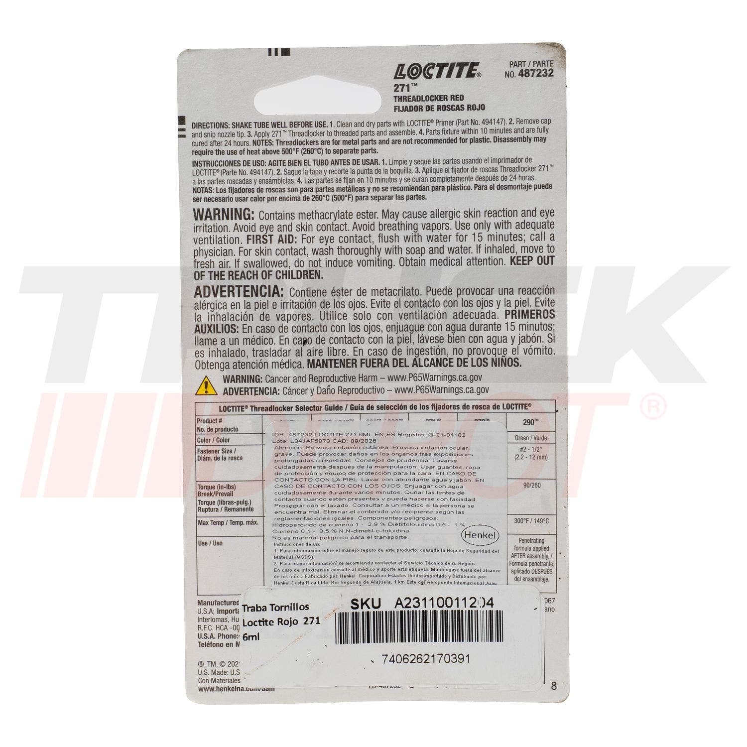 Traba tornillos Loctite rojo 271 6 ml