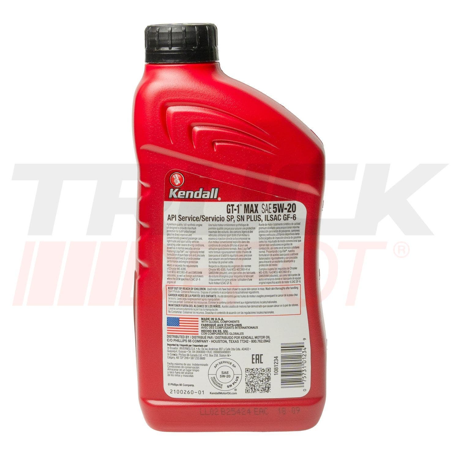 Cuarto de aceite Kendall GT-1 sintetico SAE 5W20 gasolina