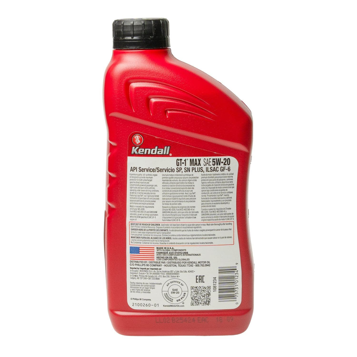 Cuarto de aceite Kendall GT-1 sint&eacute;tico SAE 5W20 gasolina