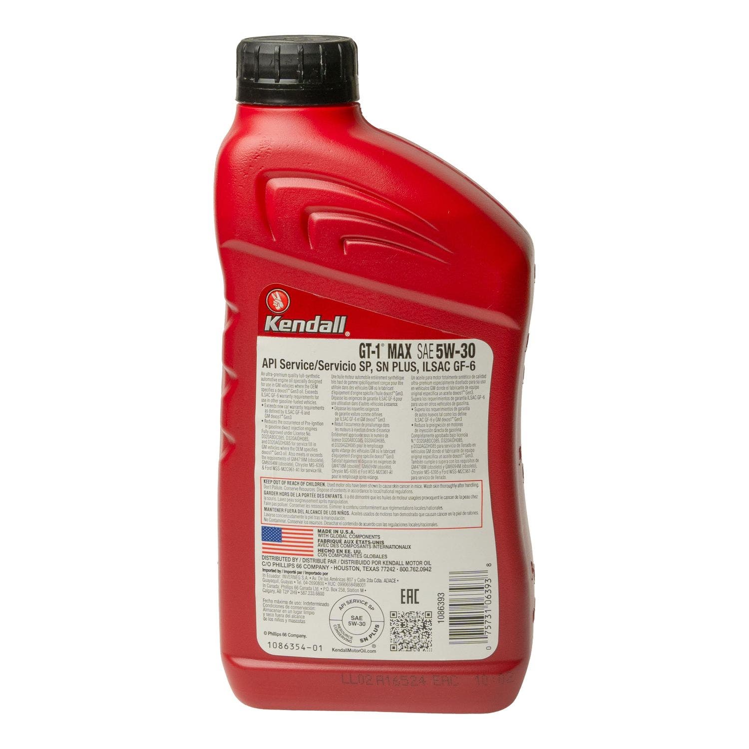 Cuarto de aceite Kendall GT-1 sint&eacute;tico SAE 5W30 gasolina